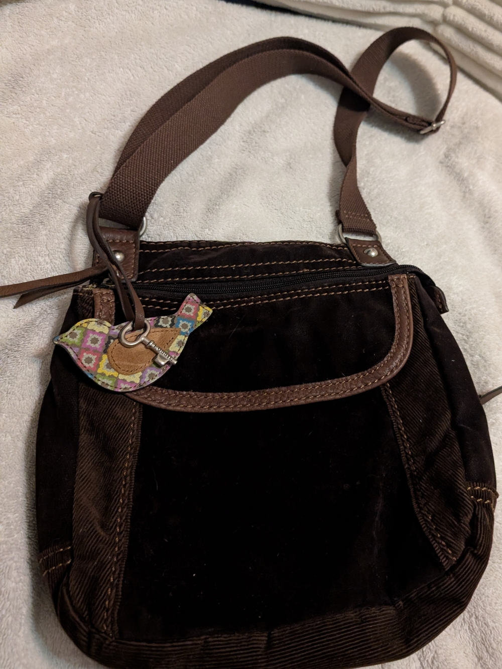 Fossil Corduroy Women’s Crossbody Bag with Bird Charm